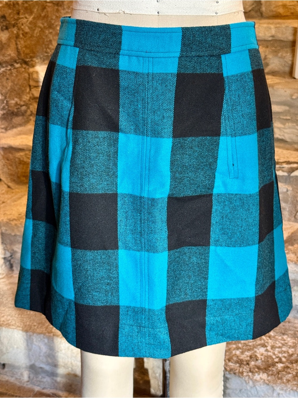 Banana Republic Teal and Black Buffalo Checkered Wool Blend Skirt with pockets